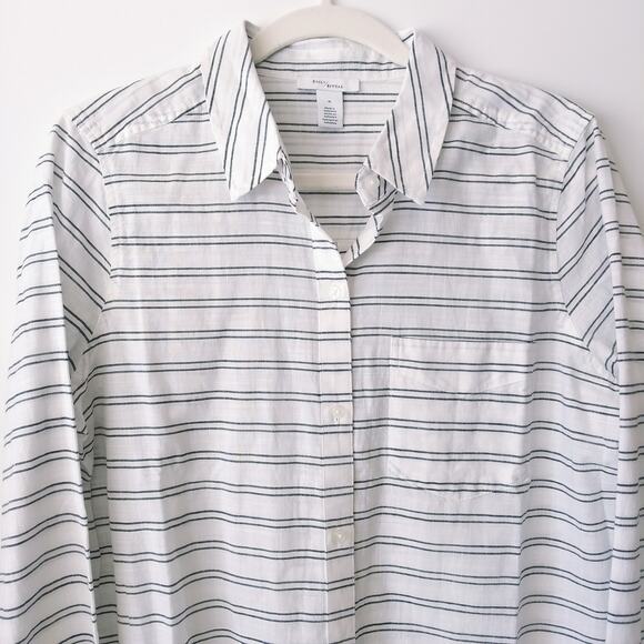 Daily Ritual M 100% Cotton Button Blouse Shirt Top Charcoal Stripe Lightweight - Picture 2 of 9